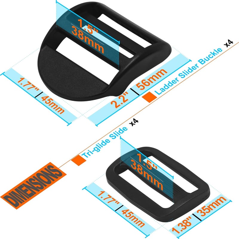 LASIGHT 4 Pack Slider Ladder Lock Buckle and Tri-glide Slide for 3/4", 1", 1-1/4", 1-1/2", 2" Webbing Strap - Image 3